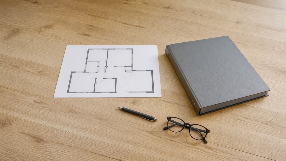 Unbeschrifteter Wohnungsgrundriss auf einem Holztisch, daneben Aktenordner, Stift und Brille