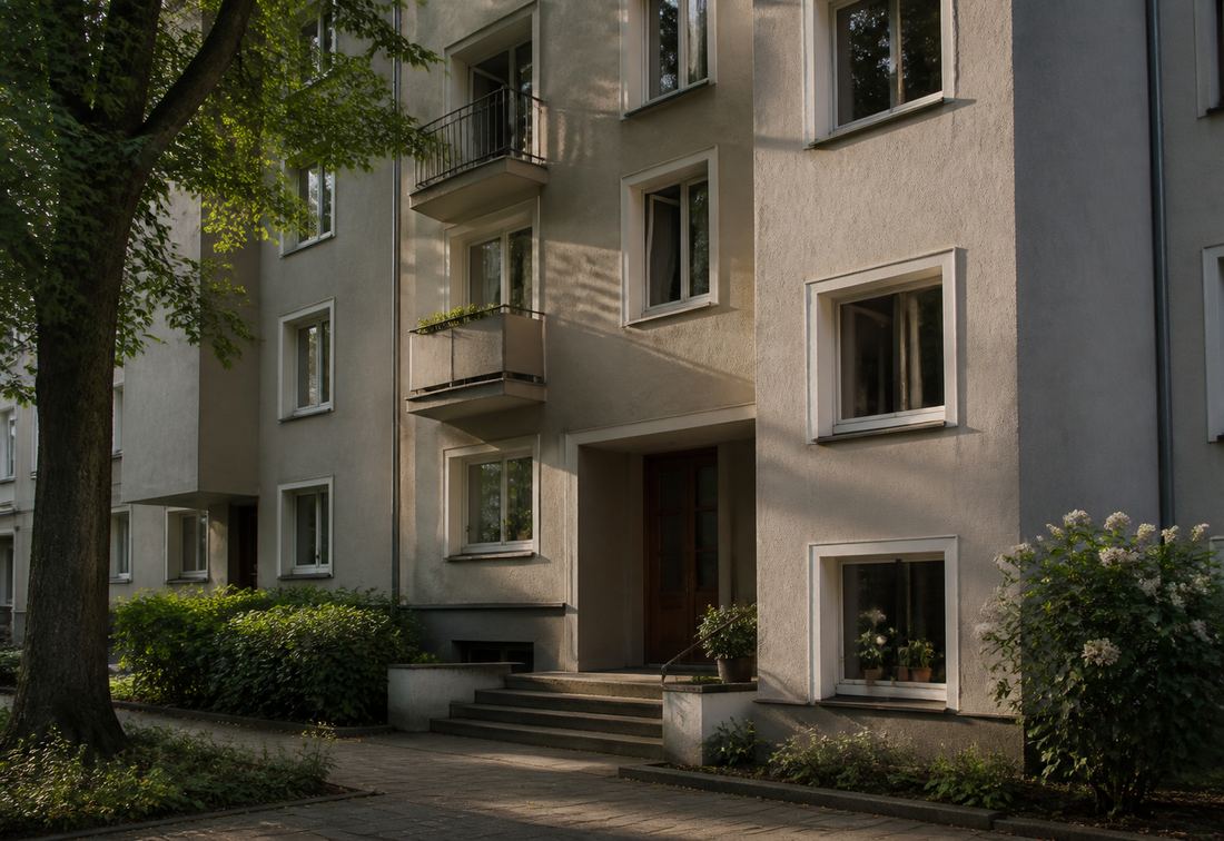 Fassade eines mehrgeschossigen Wohnhauses mit Balkonen und Hauseingang im Streiflicht