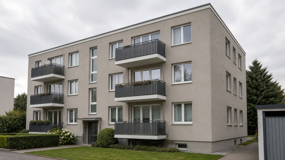 Freistehendes dreigeschossiges Wohnhaus mit Balkonen und Rasenfläche bei bedecktem Himmel